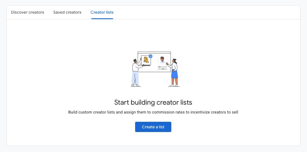 The Google Merchant Center Creator lists tab, empty state, with a prompt to create a list and assign commission rates.
