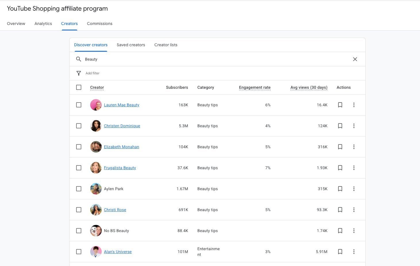 Google Merchant Center's Discover creators tab, showing filter fields for keyword search, category, engagement rate, and average views, along with a results table of creator profiles.