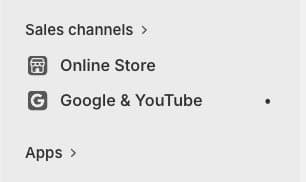 Shopify sidebar showing Sales channels with Online Store and Google & YouTube listed