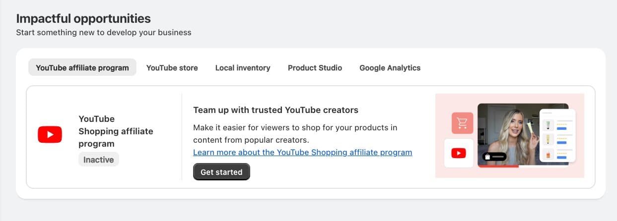 Google & YouTube app showing the YouTube affiliate program tab marked Inactive with a Get started button