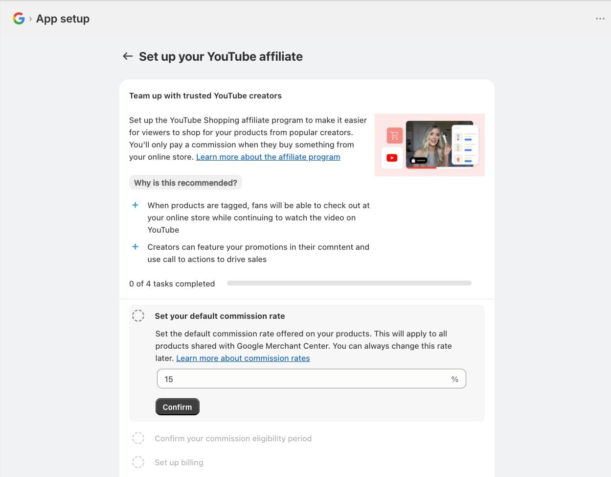 Shopify app setup showing Set your default commission rate field with 15 entered and a Confirm button