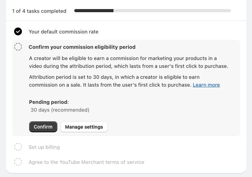 Shopify showing Confirm your commission eligibility period section with 30-day pending period recommended