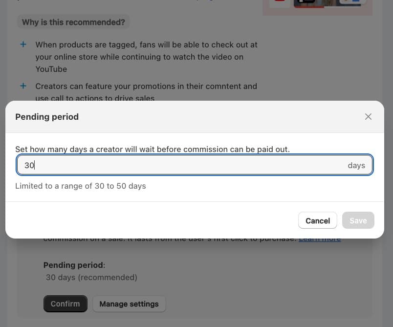 Pending period modal showing 30 days entered with a range of 30 to 50 days allowed