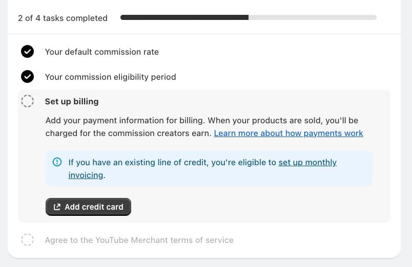 Shopify Set up billing step showing an Add credit card button and an option for monthly invoicing if you have existing credit