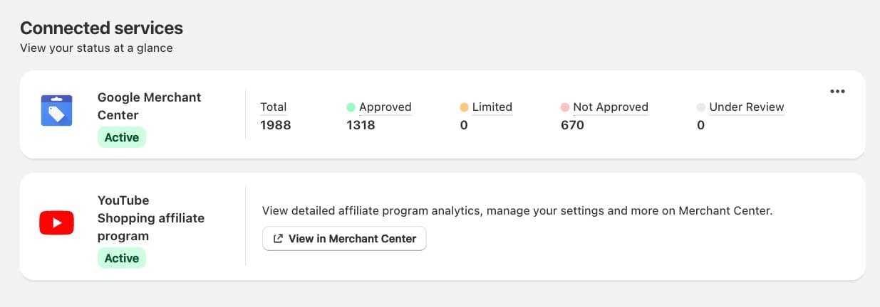 Shopify Connected services showing Google Merchant Center Active and YouTube Shopping affiliate program Active