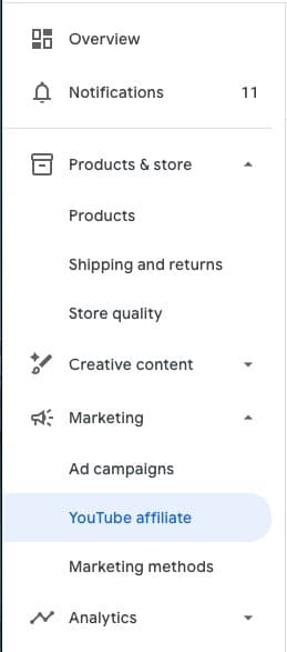 Google Merchant Center left sidebar with Marketing expanded and YouTube affiliate highlighted