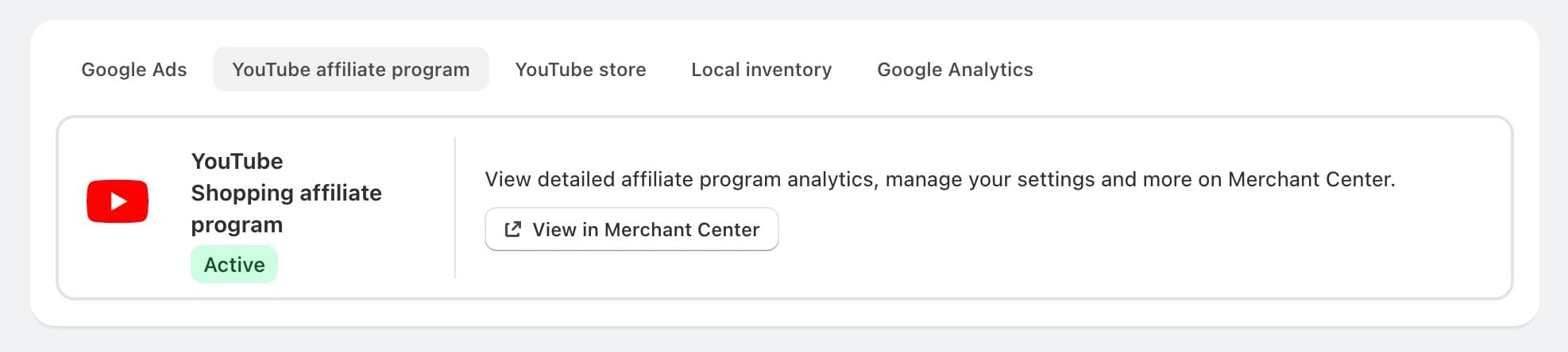 Google Merchant Center Marketing tab showing YouTube Shopping affiliate program with Active status and a View in Merchant Center button