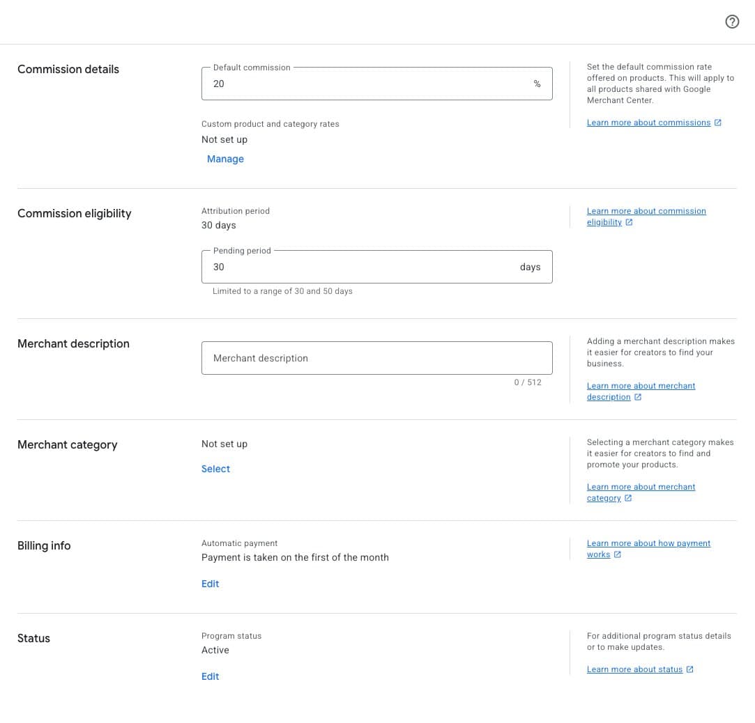 Full settings page showing commission details, commission eligibility, merchant description, merchant category, billing info, and status sections