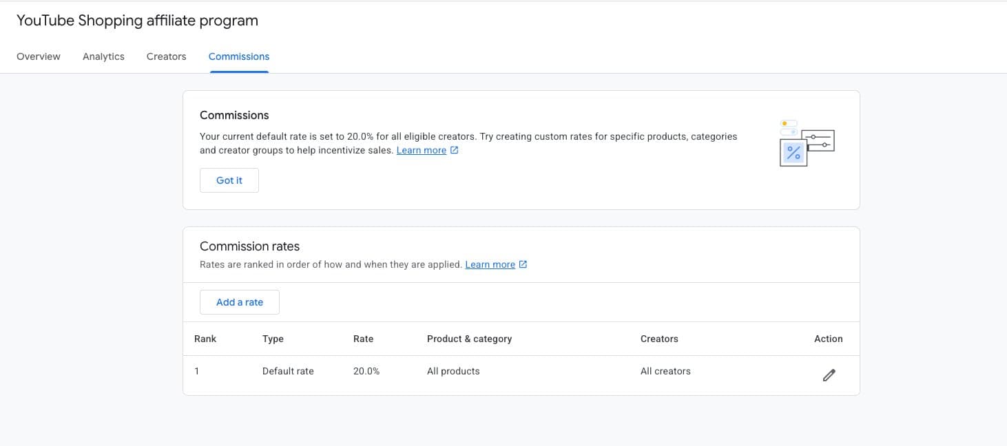 Commissions tab showing a commission rates table with the default rate applying to all products and all creators
